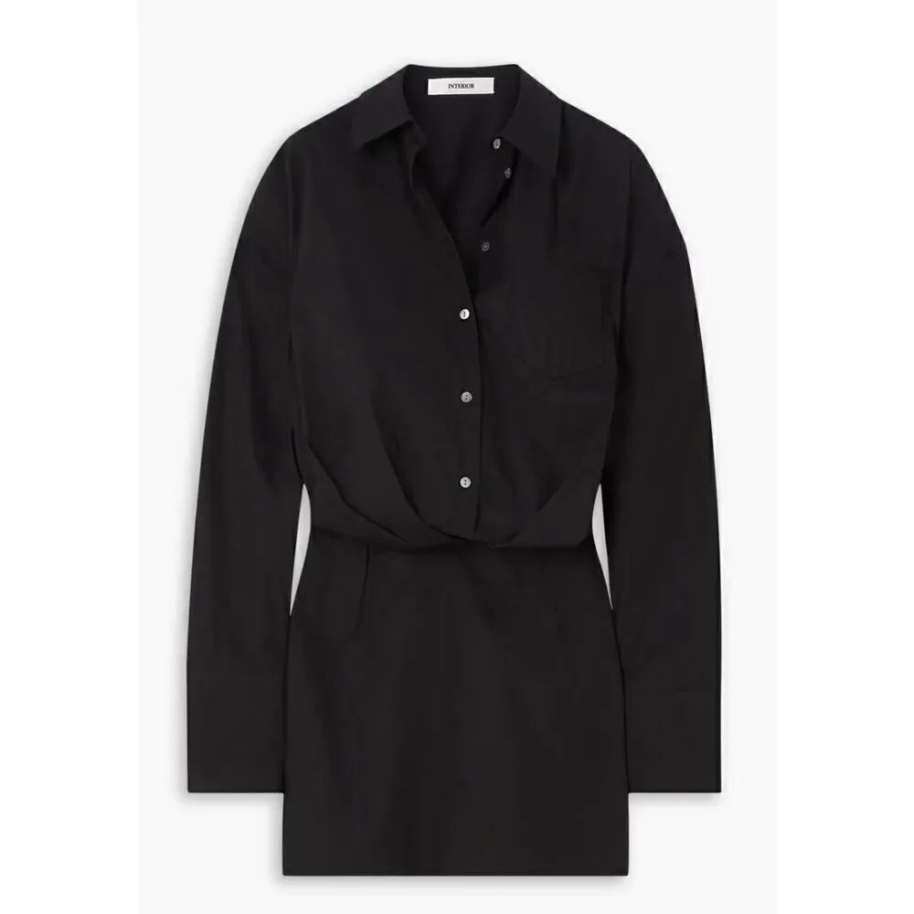INTERIOR The Tutto draped cotton-poplin mini shirt dress in Black NWOT Size 10